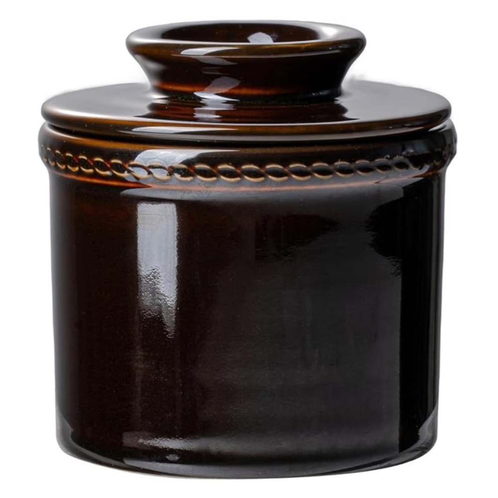 Jersinwei Ceramic Bell Crock for Soft Spreadable Butter, Brown Vintage Chain Rim